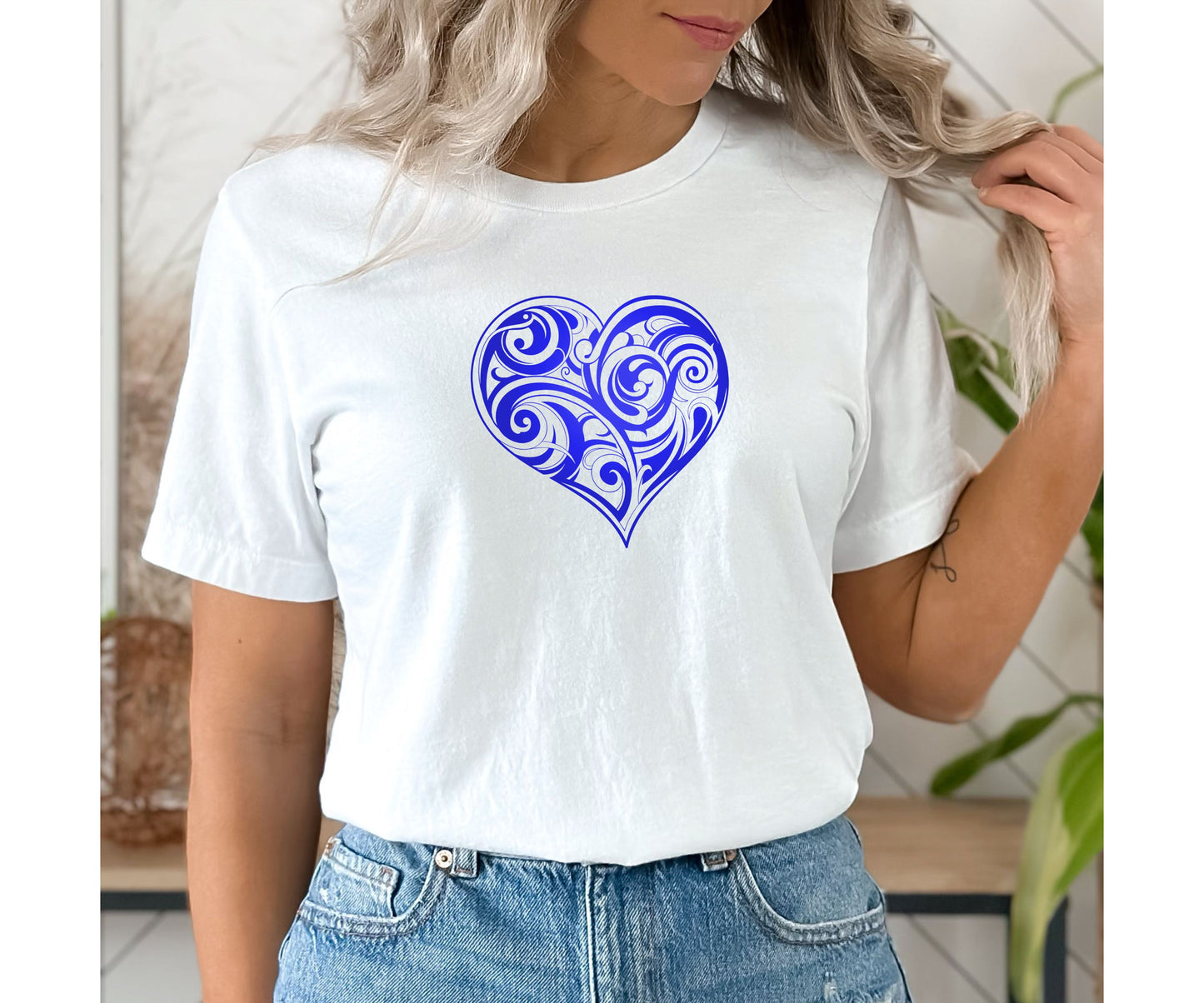 Valentine’s Day Or Birthday T-Shirt For Woman, Folk Motive T-Shirt, Blue Heart