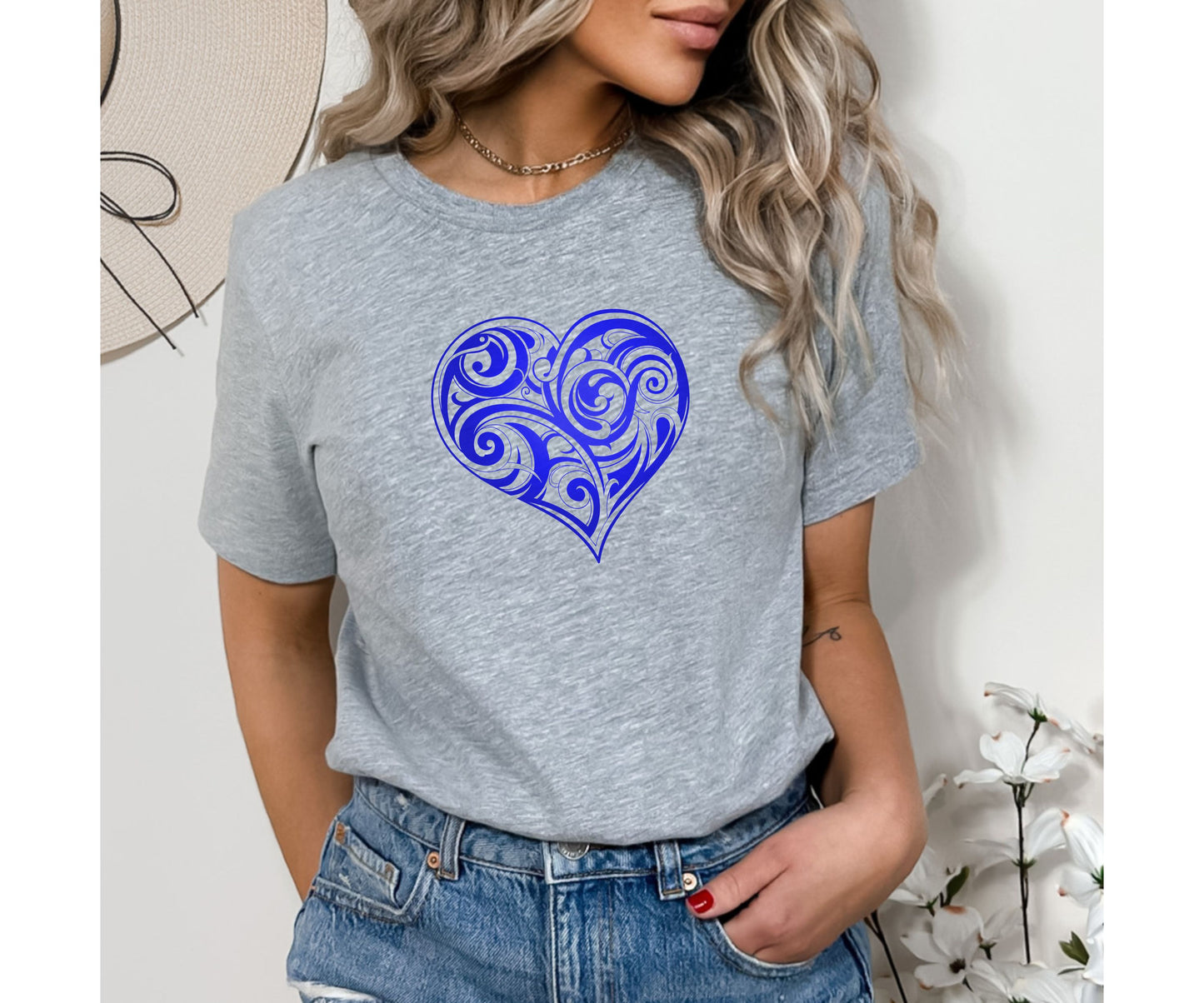 Valentine’s Day Or Birthday T-Shirt For Woman, Folk Motive T-Shirt, Blue Heart