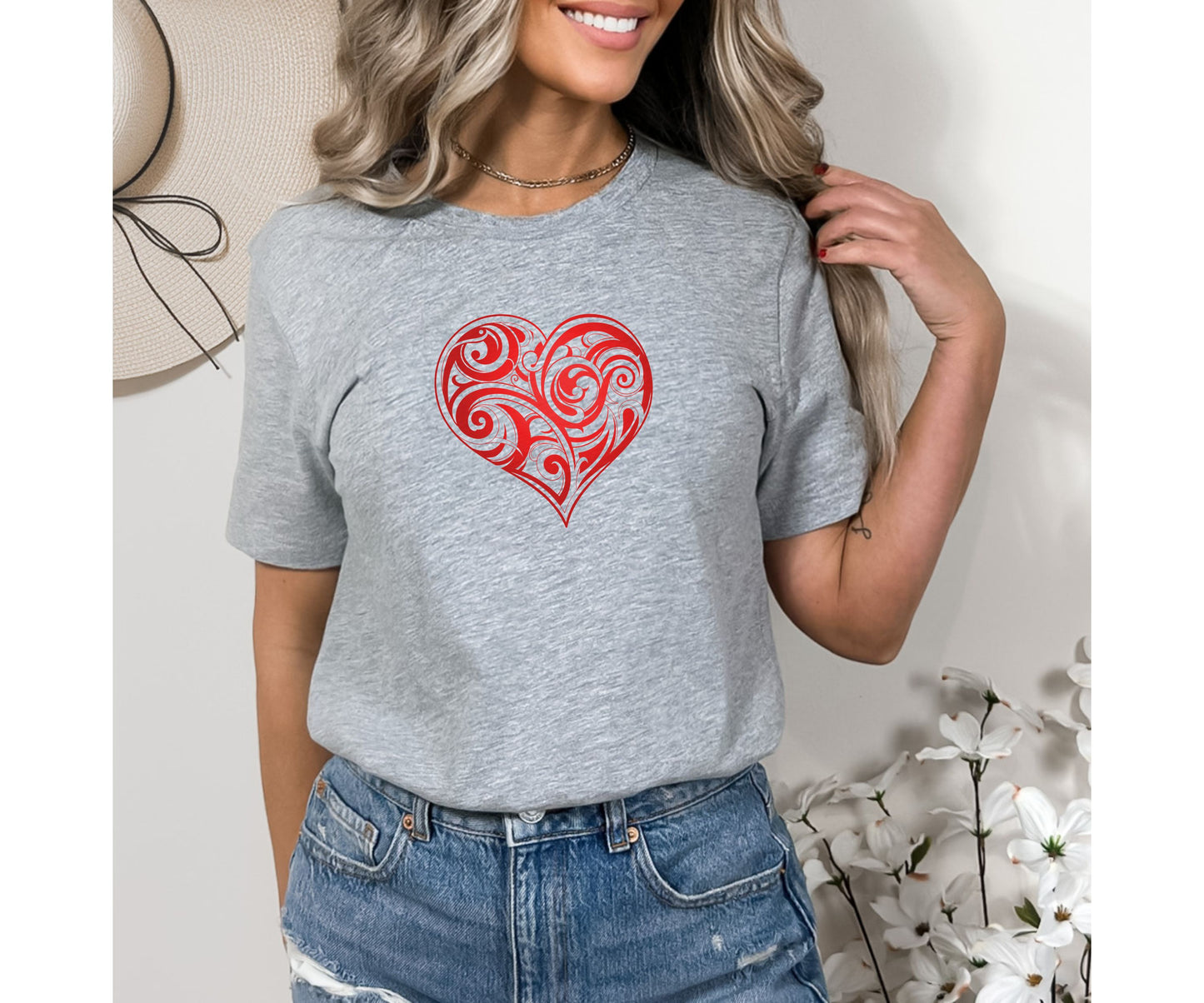 Cute Valentine’s Day T-Shirt For Women, Valentine Shirt, Folk Motive T-Shirt