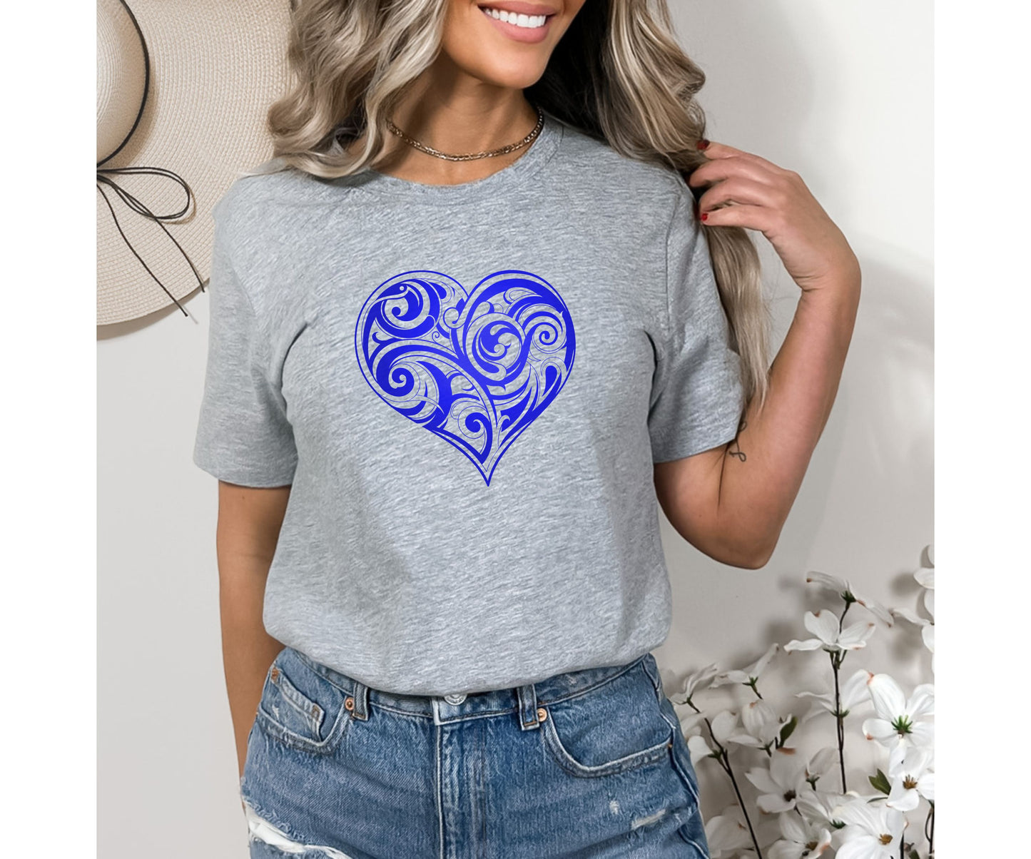 Valentine’s Day Or Birthday T-Shirt For Woman, Folk Motive T-Shirt, Blue Heart