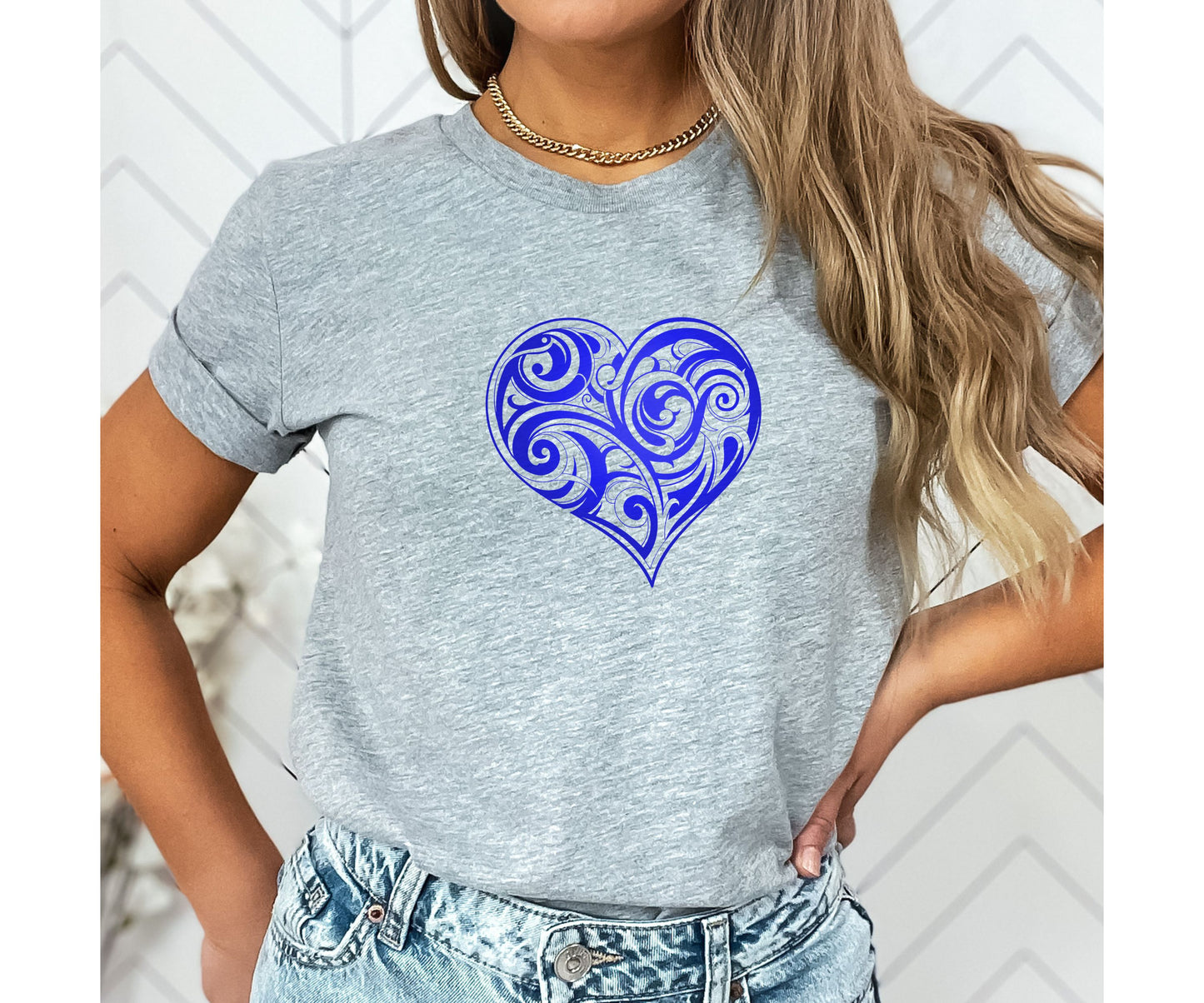 Valentine’s Day Or Birthday T-Shirt For Woman, Folk Motive T-Shirt, Blue Heart