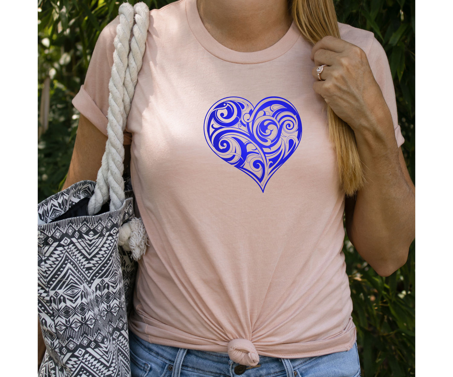 Valentine’s Day Or Birthday T-Shirt For Woman, Folk Motive T-Shirt, Blue Heart