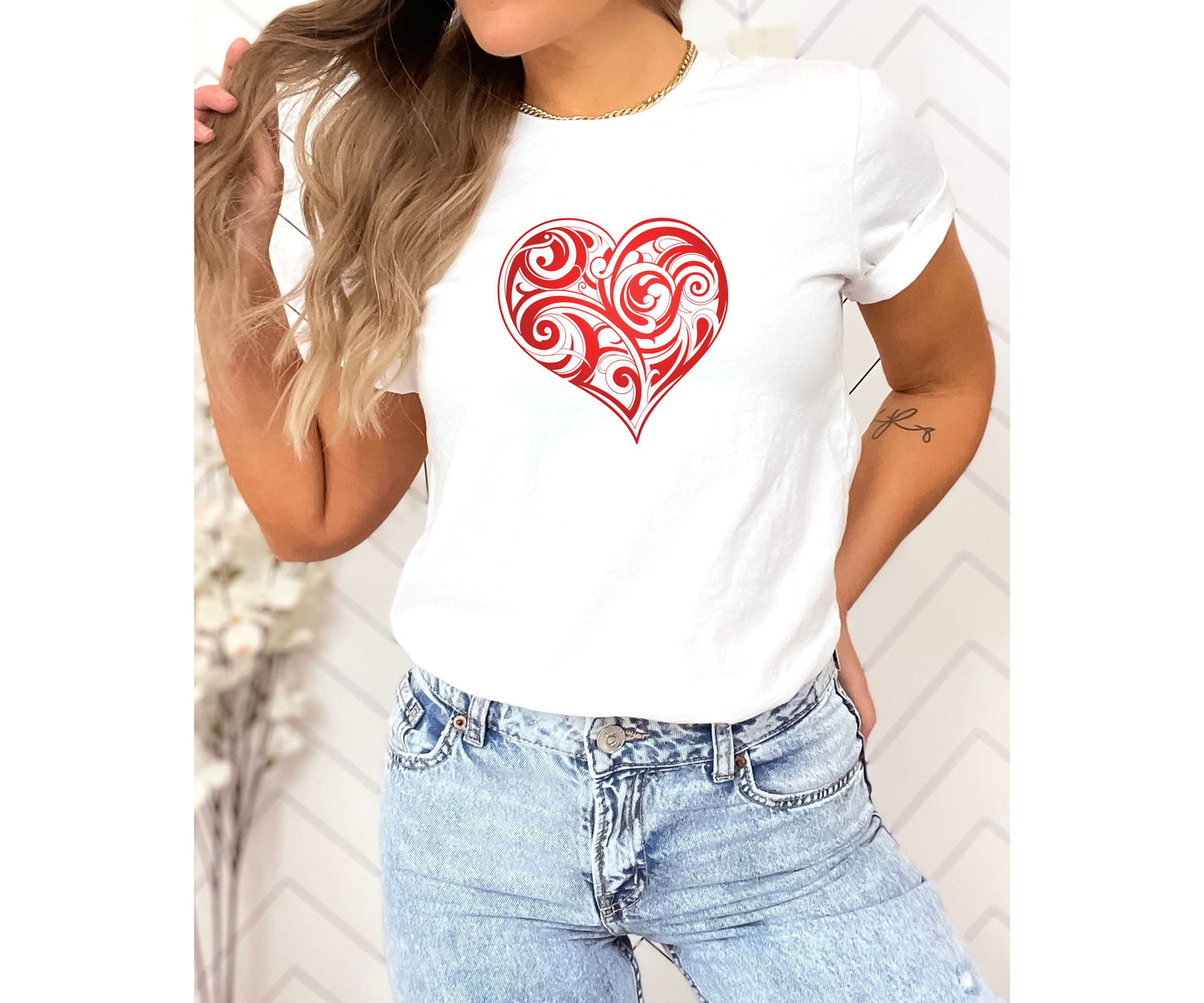 Cute Valentine’s Day T-Shirt For Women, Valentine Shirt, Folk Motive T-Shirt