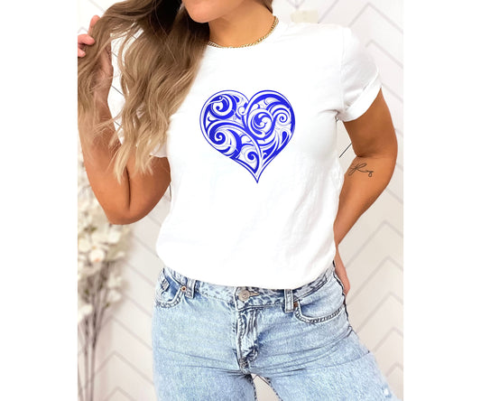 Valentine’s Day Or Birthday T-Shirt For Woman, Folk Motive T-Shirt, Blue Heart