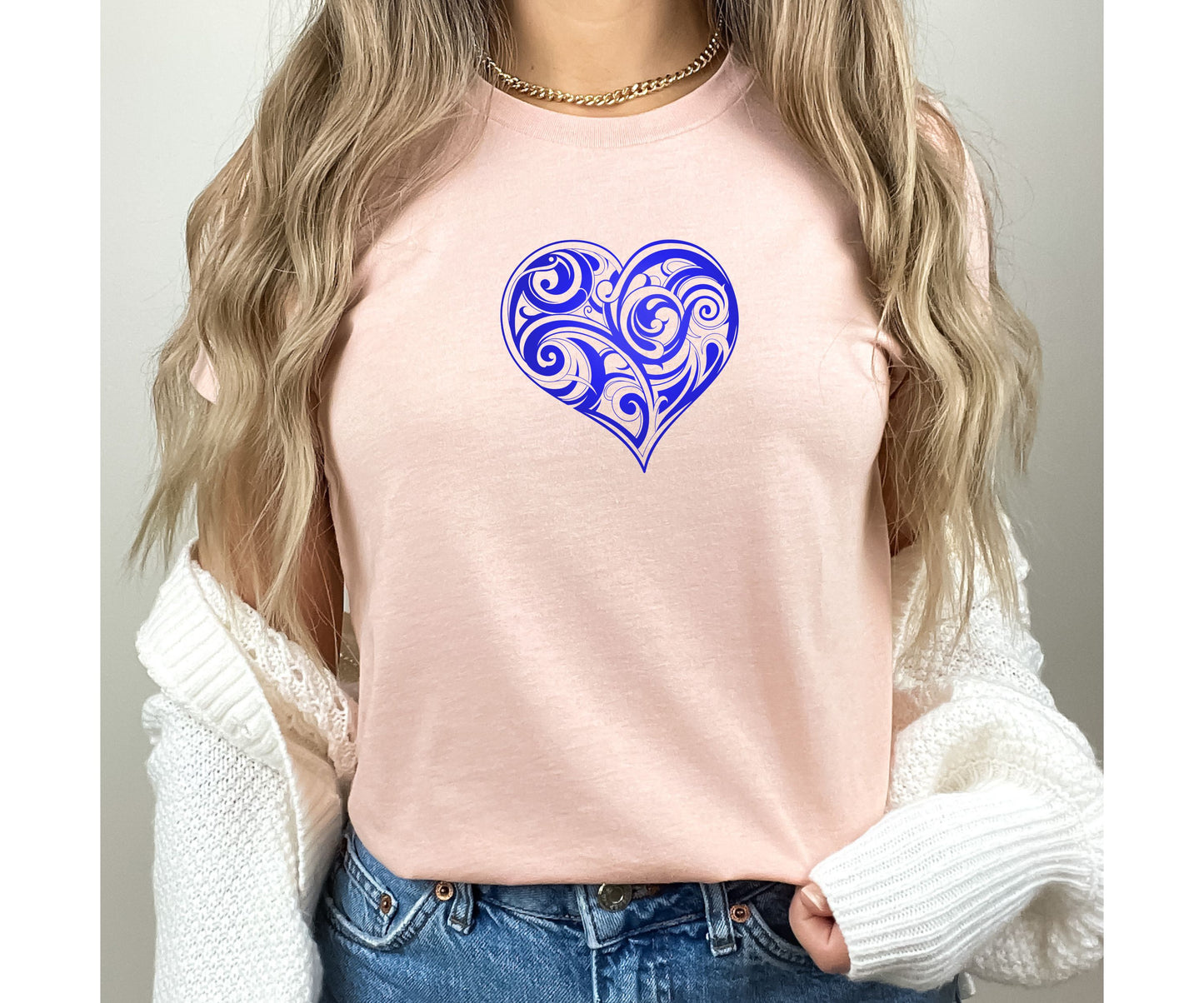 Valentine’s Day Or Birthday T-Shirt For Woman, Folk Motive T-Shirt, Blue Heart